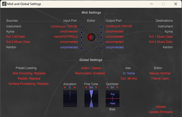 Haken Editor Global Settings with NanoKontrol2