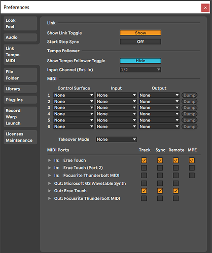 midi not working erae touch